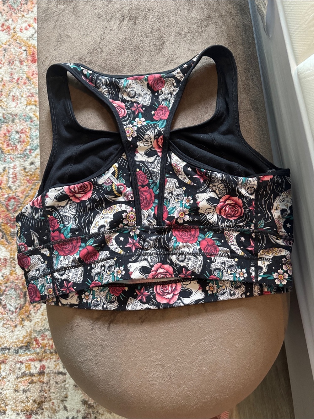 Floral Racerback Sports Bra — Black with Multicolor Rose Print - Picture 6 of 6